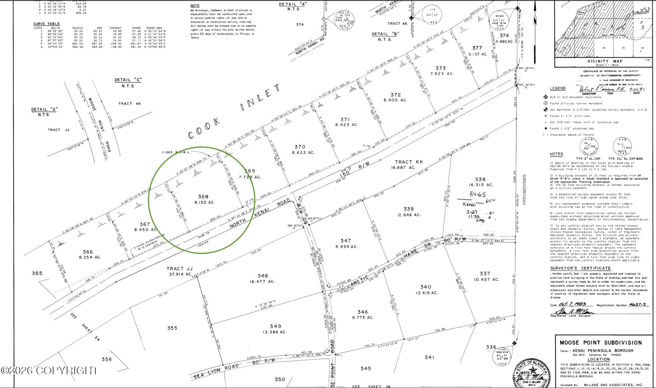 Moose Point Subdivision survey map with a parcel near North Kenai Road circled in green.
