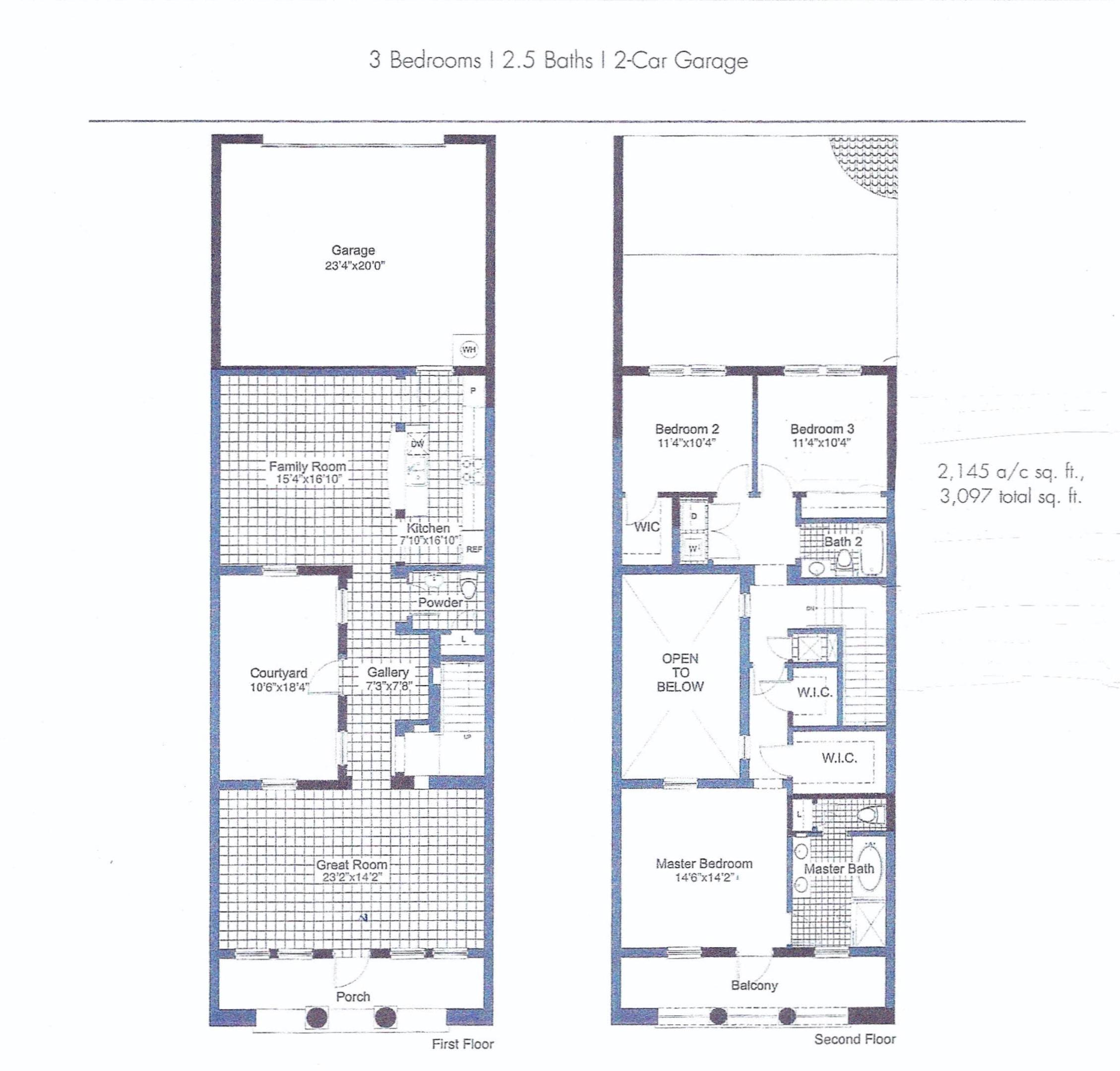 Two-story floor plan with three bedrooms, a two-car garage, courtyard, and balcony.