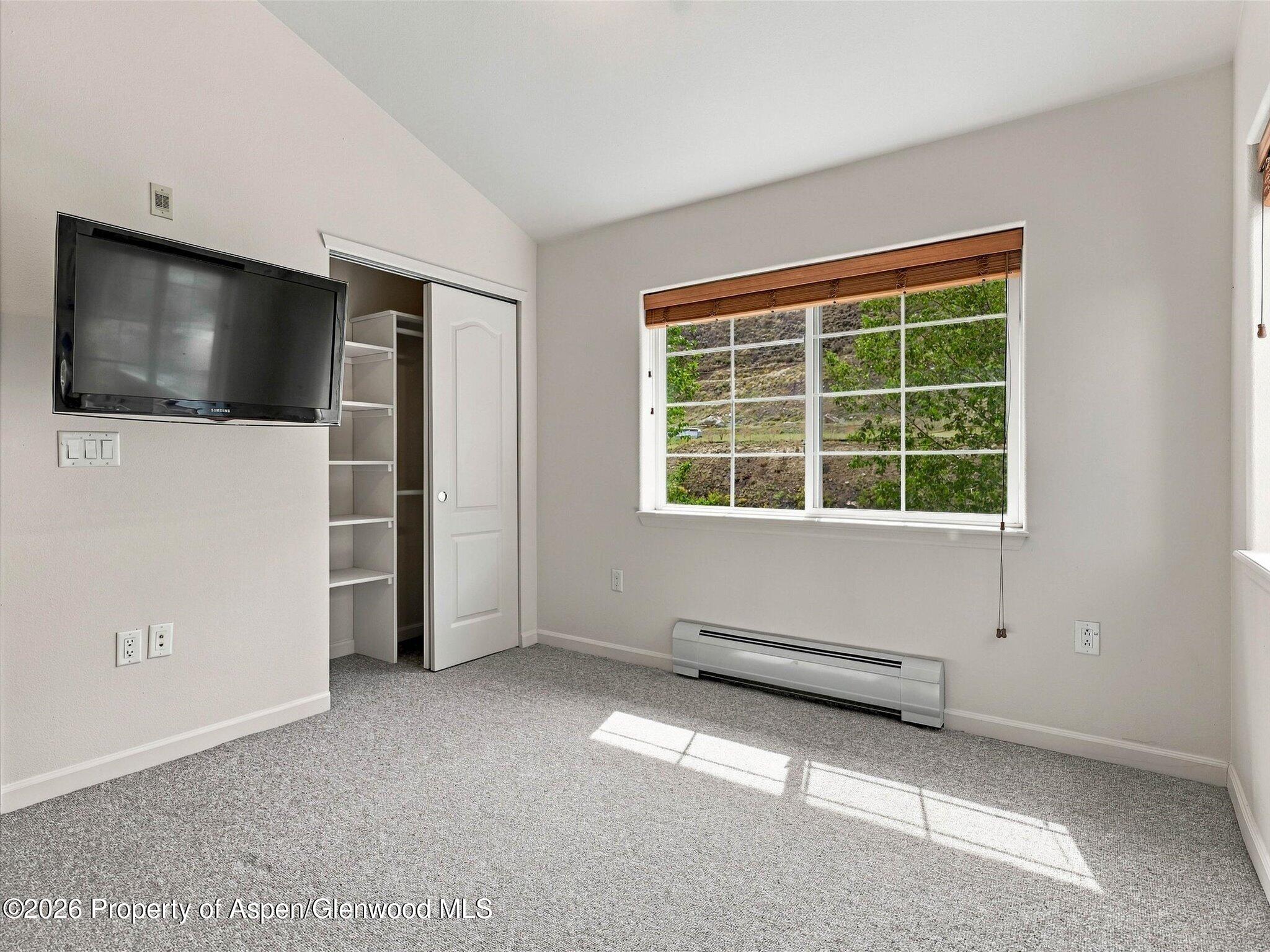 Unfurnished bedroom with gray carpet, wall-mounted TV, open closet, and hillside view through the window.