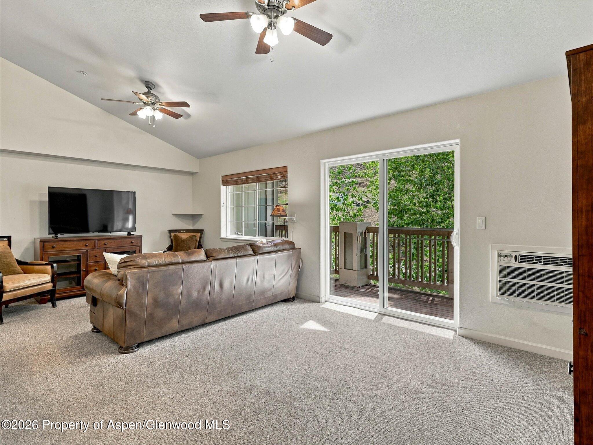 Living room with a leather sofa, carpet, and sliding doors opening to a leafy balcony.