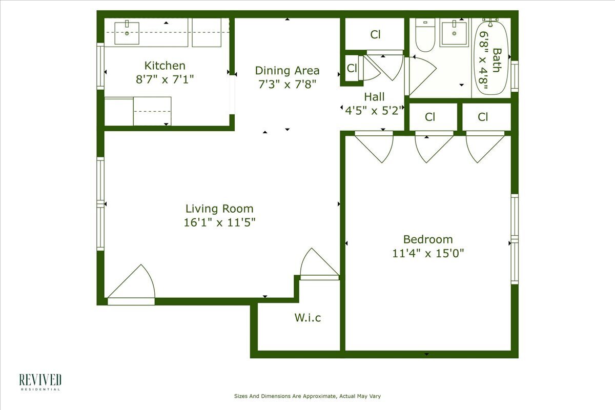 Apartment floor plan with a kitchen, dining area, living room, one bedroom, bathroom, and walk-in closet.