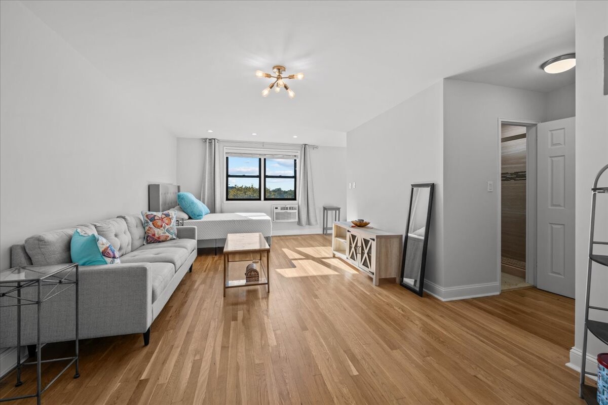 Living room with gray sofa, bed by the window, and light wood floors.