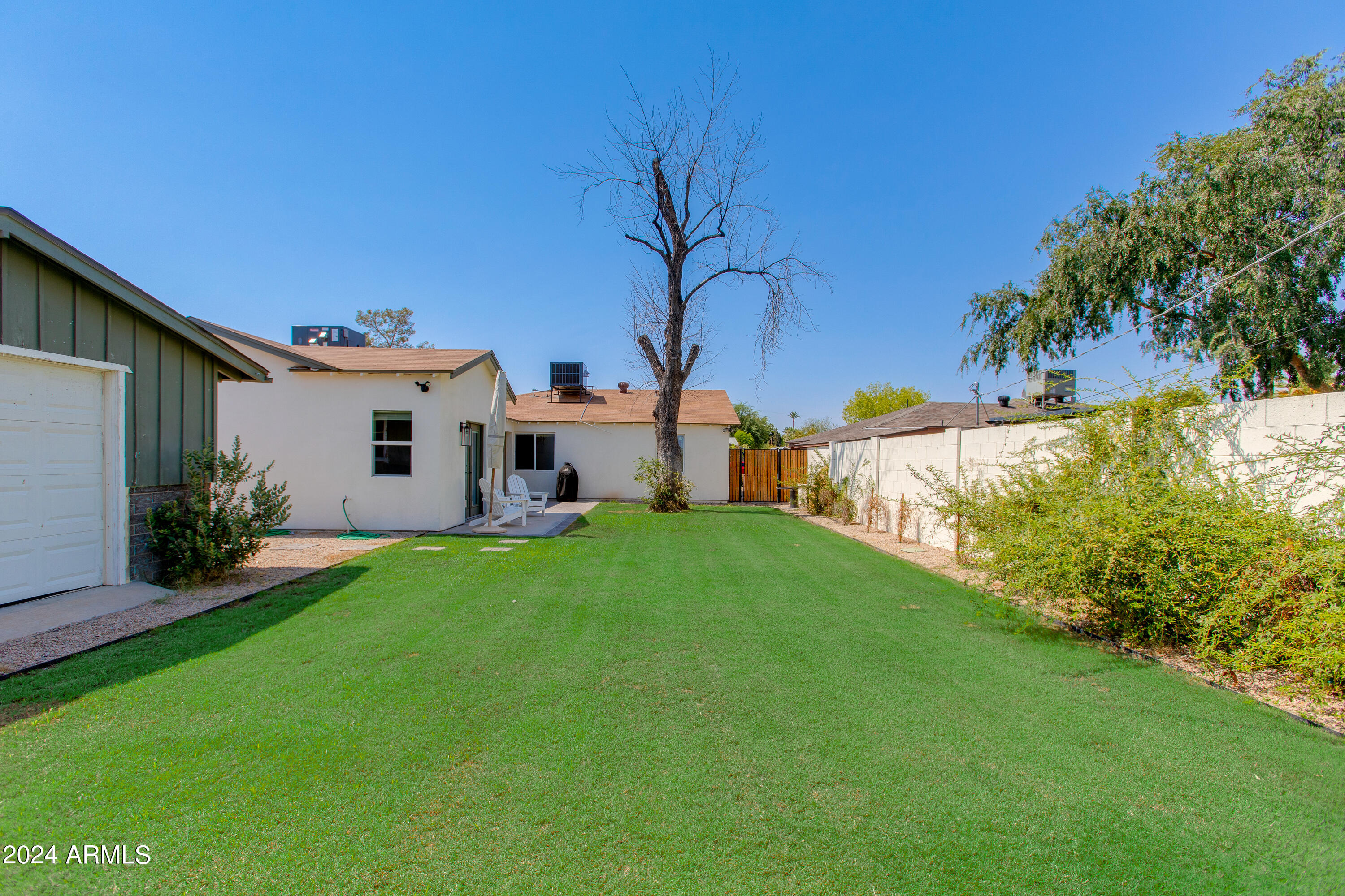 Backyard lawn beside a single-story home, with patio chairs, a bare tree, and a block wall.