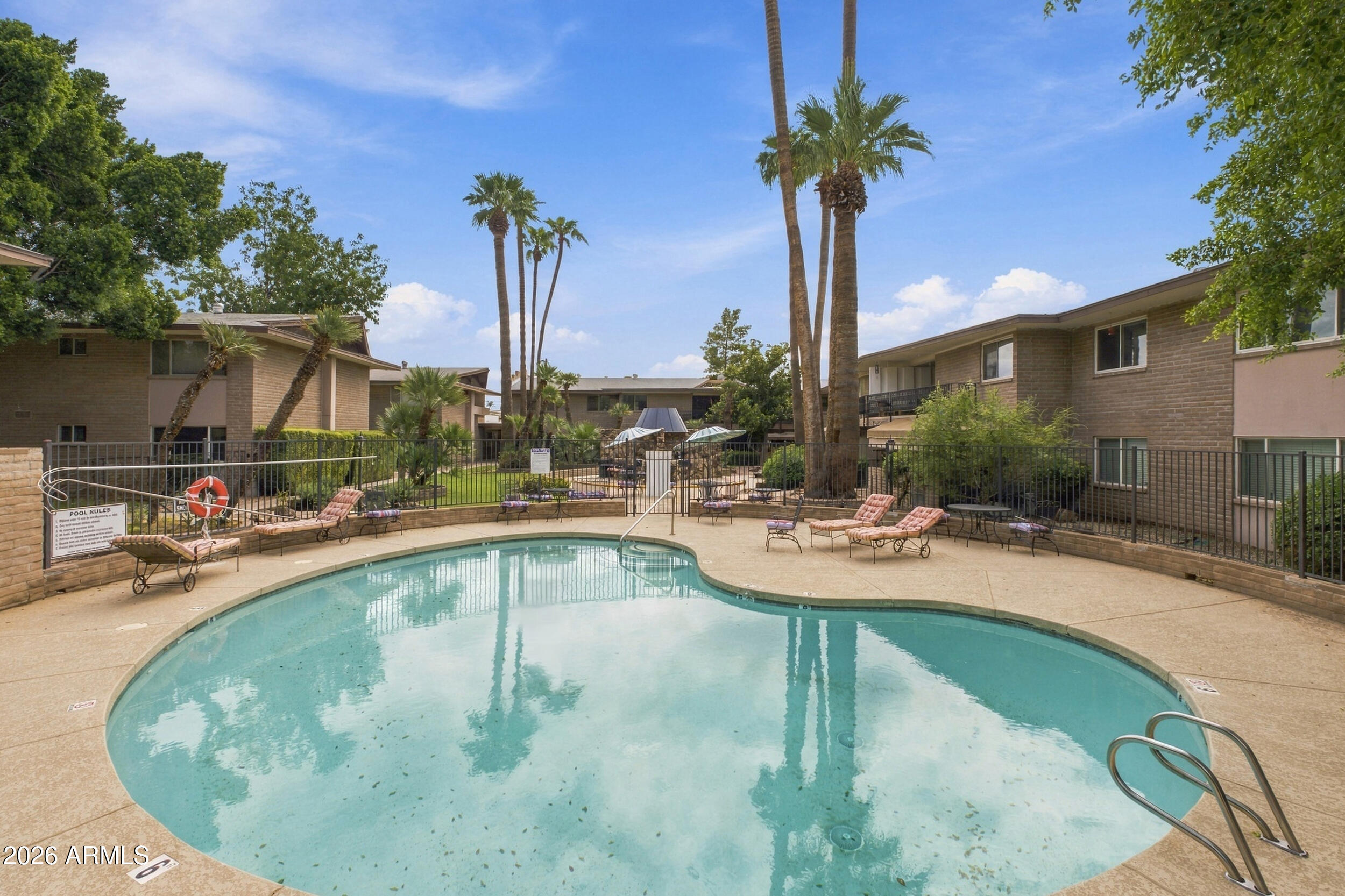 Courtyard swimming pool with lounge chairs, palm trees, and surrounding apartment buildings.