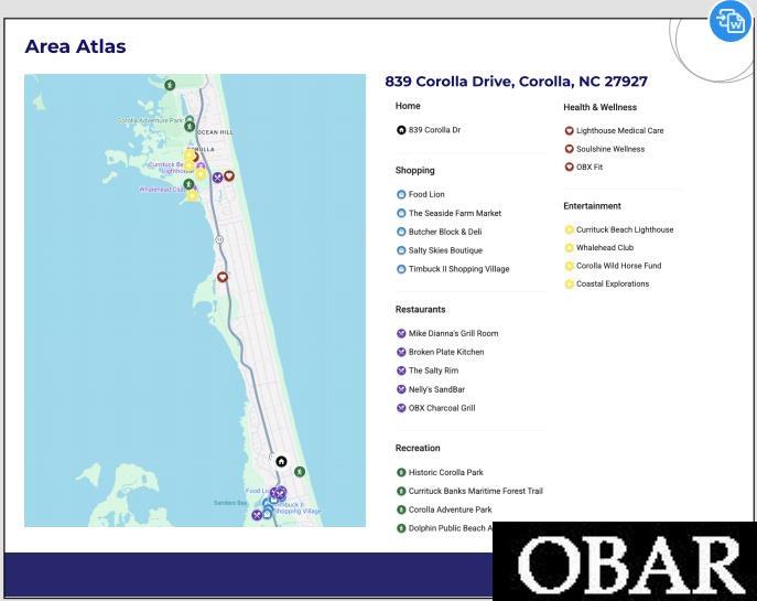 Area Atlas map showing nearby amenities and services around 839 Corolla Drive in Corolla, North Carolina.