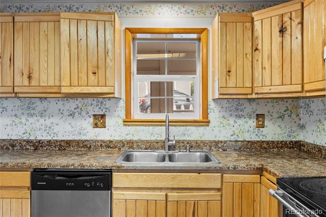 Kitchen with honey-colored wood cabinets, a double-basin sink beneath the window, and a dishwasher.