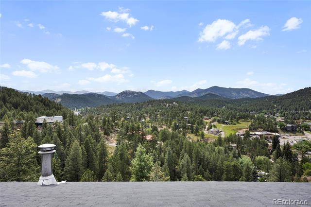 Mountain view over Evergreen’s forested neighborhood, seen from a rooftop with a vent in the foreground.