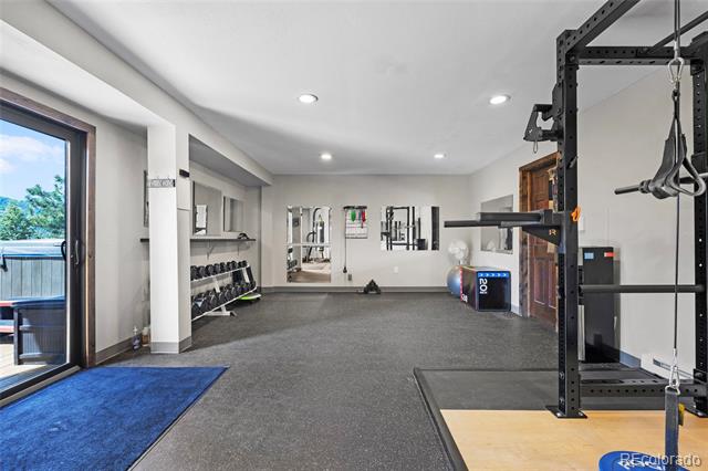 Home gym with dumbbell rack, weight machines, and a large power rack.