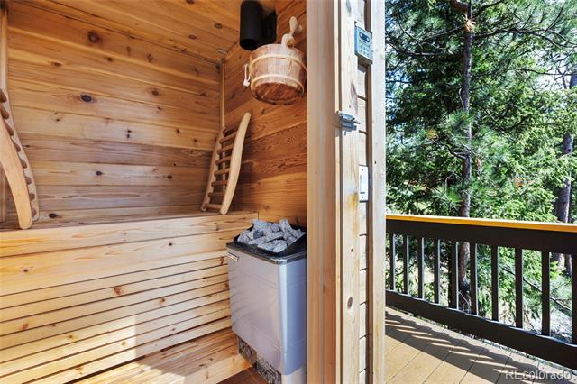 Wood-lined sauna with a rock heater and an open doorway onto a wooded deck.