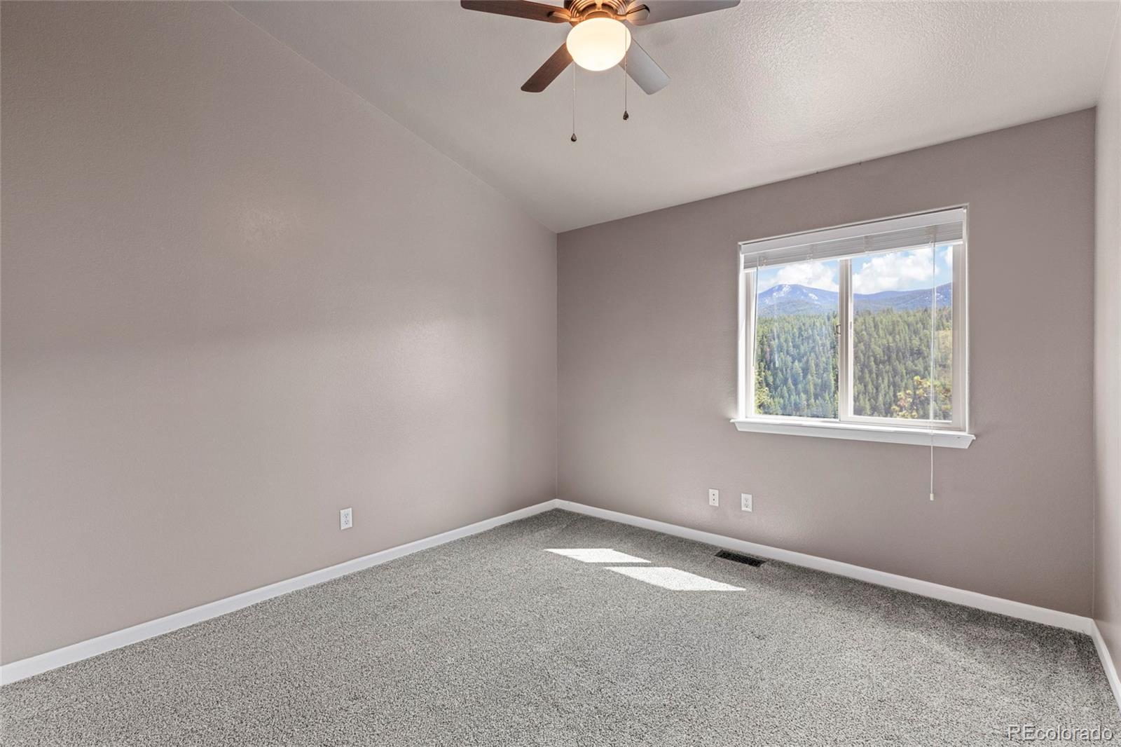 Empty bedroom with gray carpet and a window overlooking forested mountains.