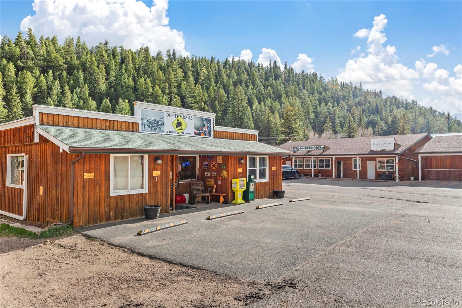 Wood-sided coffee shop and neighboring storefronts with a forested mountain behind them.