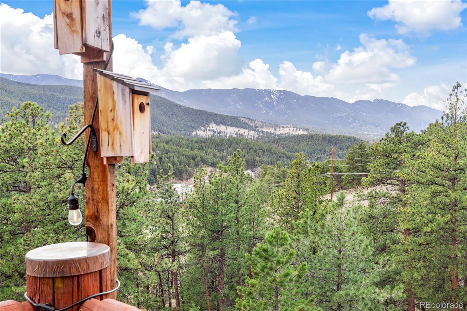 Mountain view over a pine-covered valley, framed by a wooden birdhouse post and hanging light.