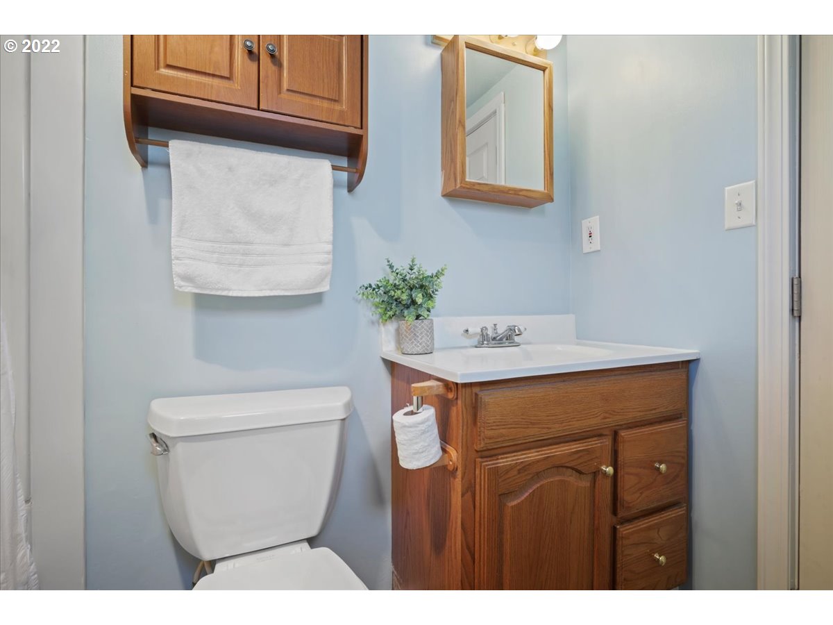 Bathroom with a wood vanity, white sink, toilet, and light blue walls.