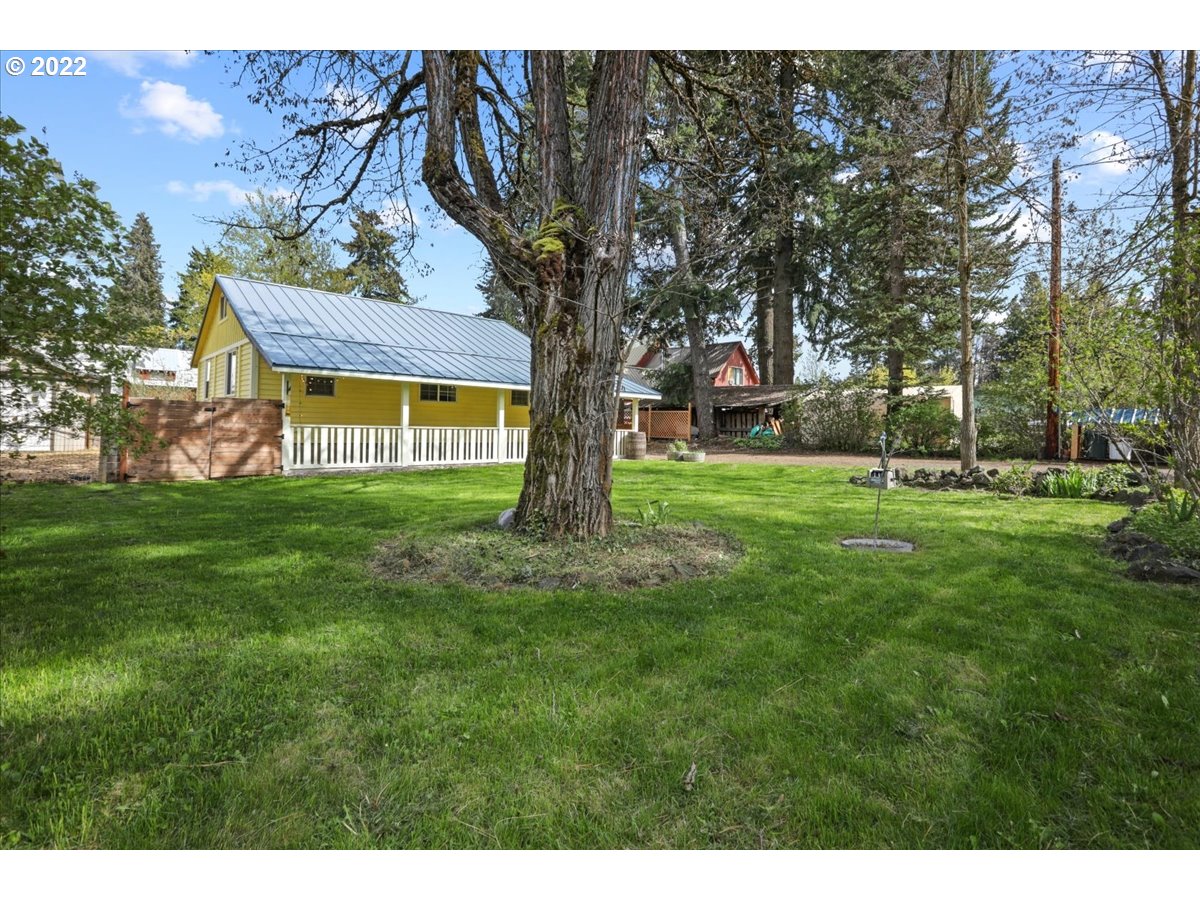 Grassy property yard with a large foreground tree and a yellow metal-roofed outbuilding.