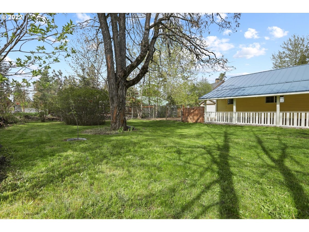 Backyard with a broad lawn, mature shade tree, and yellow house with a covered porch.