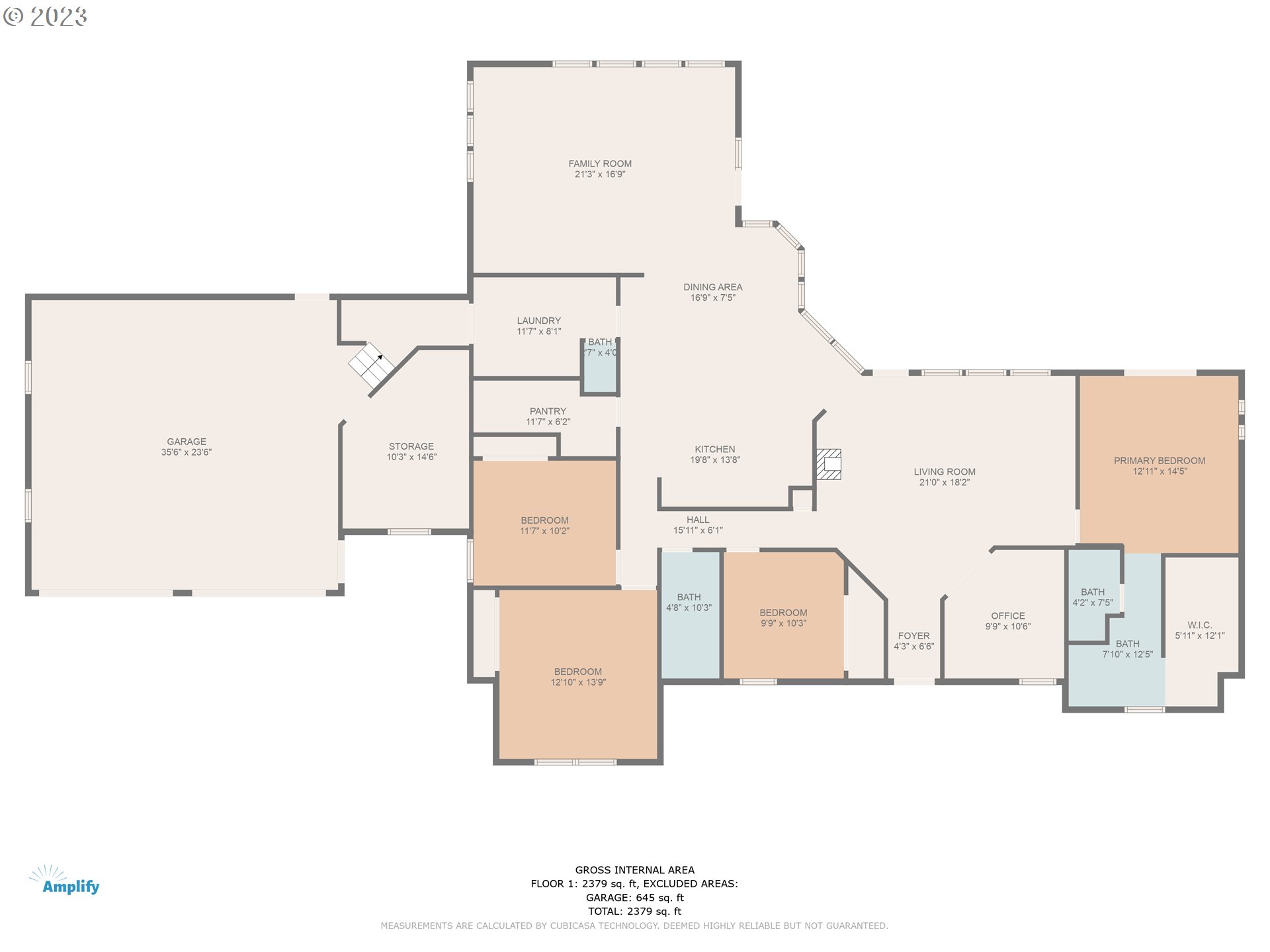 Floor plan showing four bedrooms, an office, open living and dining areas, and an attached garage.