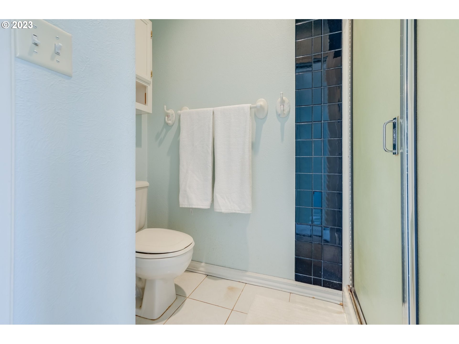 Bathroom with white towels beside a glass shower lined with dark blue tile.