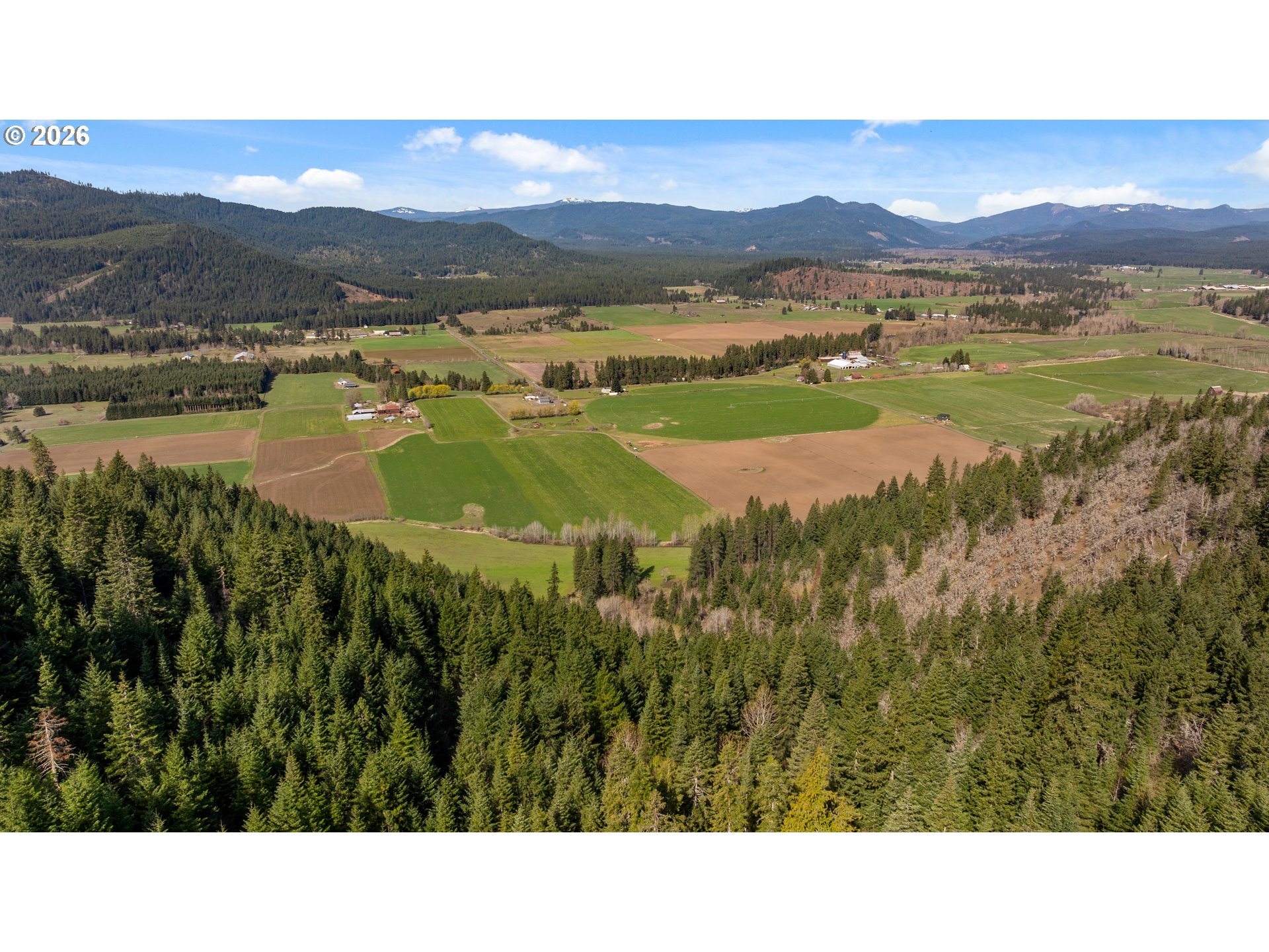 Aerial view of patchwork farmland and scattered farms surrounded by evergreen forest, with mountain ridges beyond.