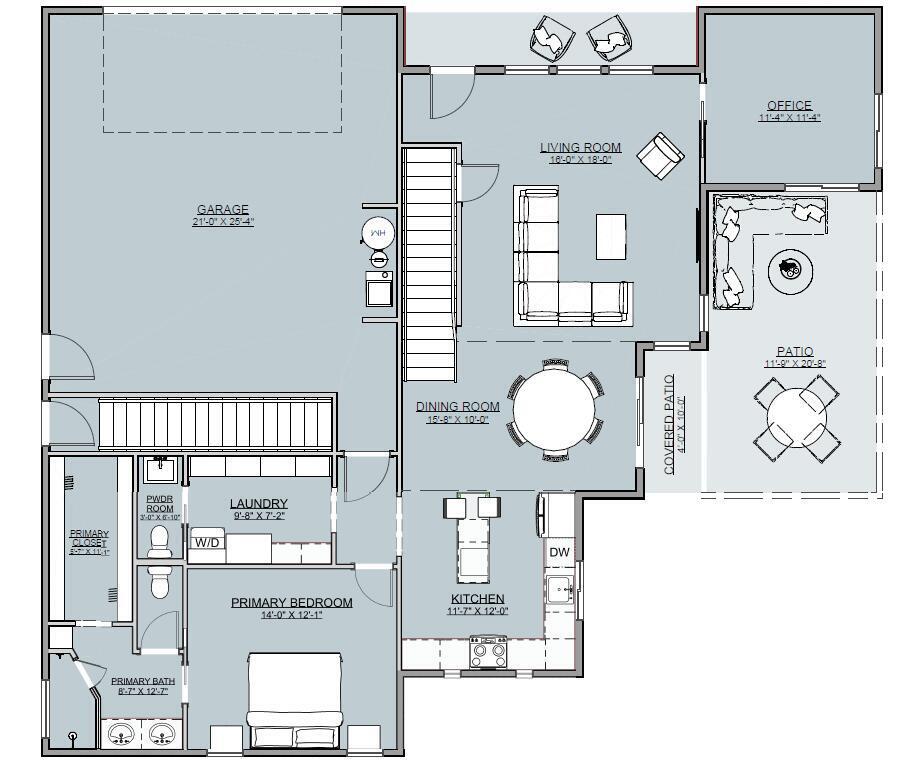Floor plan with a large garage, primary suite, office, open living and dining areas, kitchen, and patio.