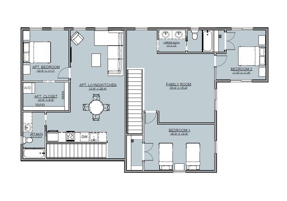 Floor plan showing an apartment living/kitchen area, family room, and three bedrooms.