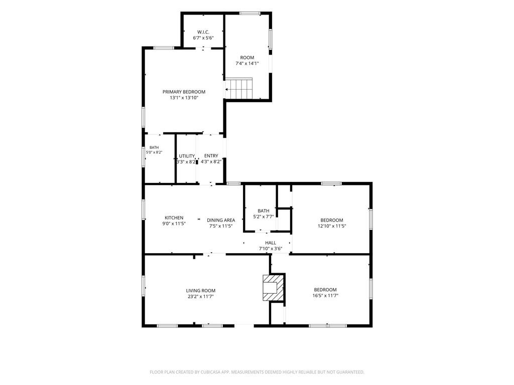 Floor plan showing three bedrooms, living room, kitchen, dining area and two bathrooms.