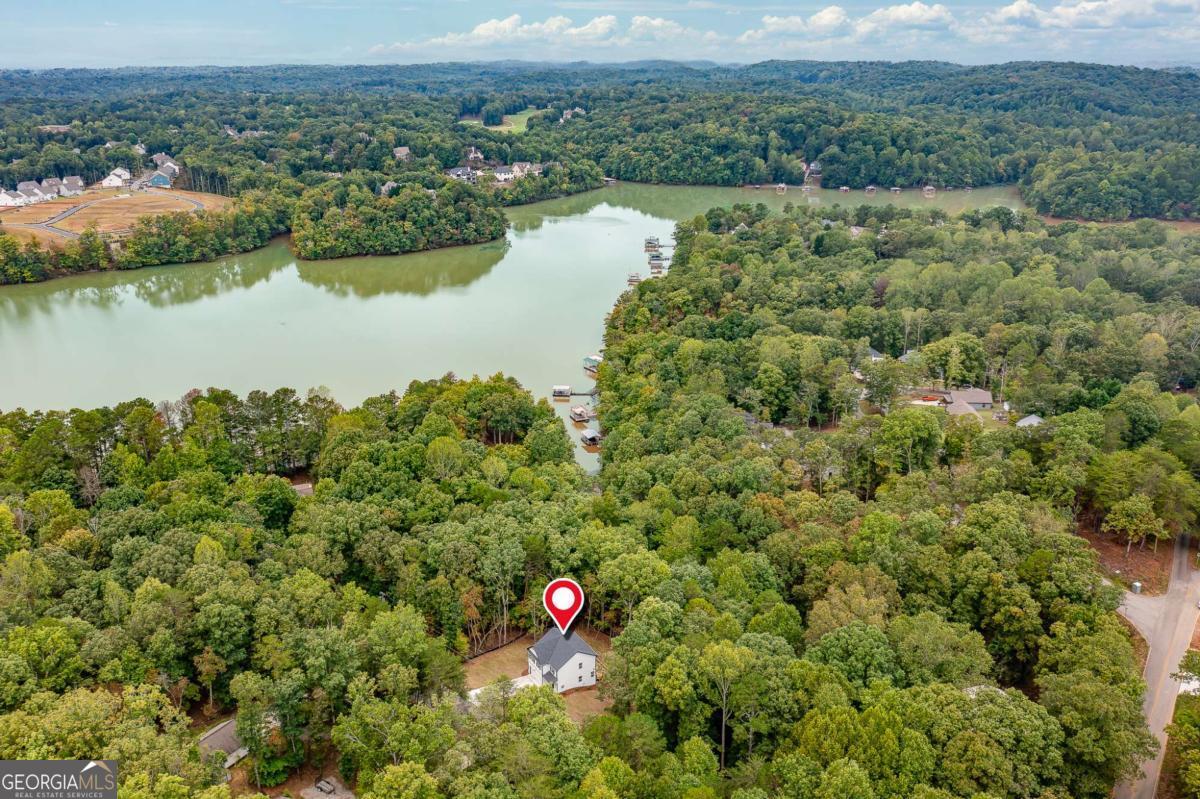 Aerial view of a wooded home with a lake and docks in the background; a red pin marks the property.