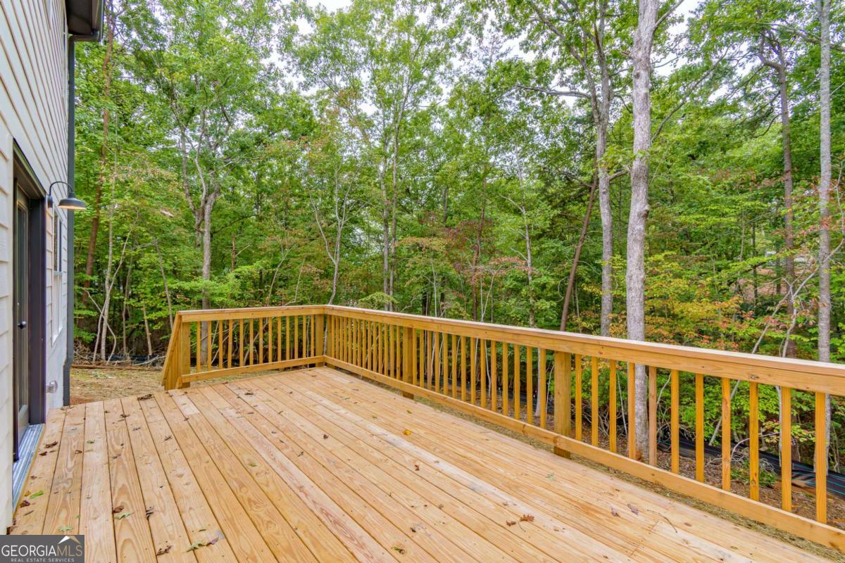 Wood deck overlooking a wooded backyard