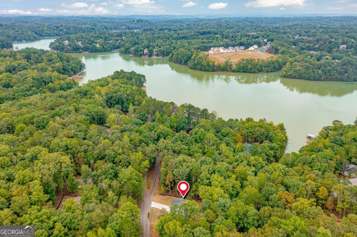 Aerial view of a wooded property marked beside a road, with a lake and forested shoreline beyond.