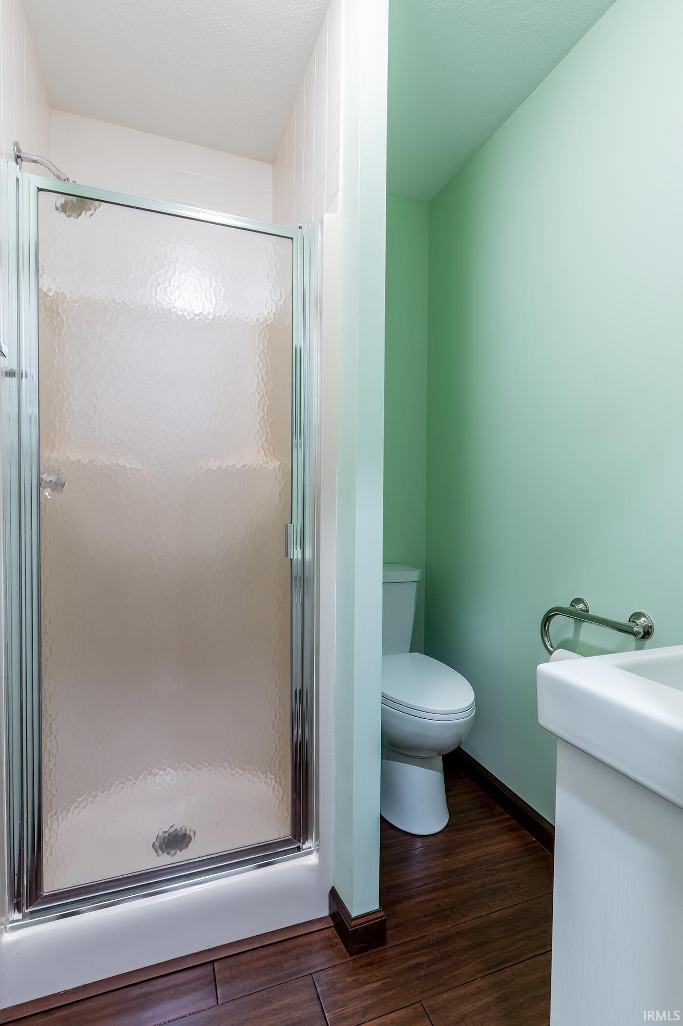 Bathroom with a frosted-glass shower, toilet, white sink, and dark wood-look flooring.