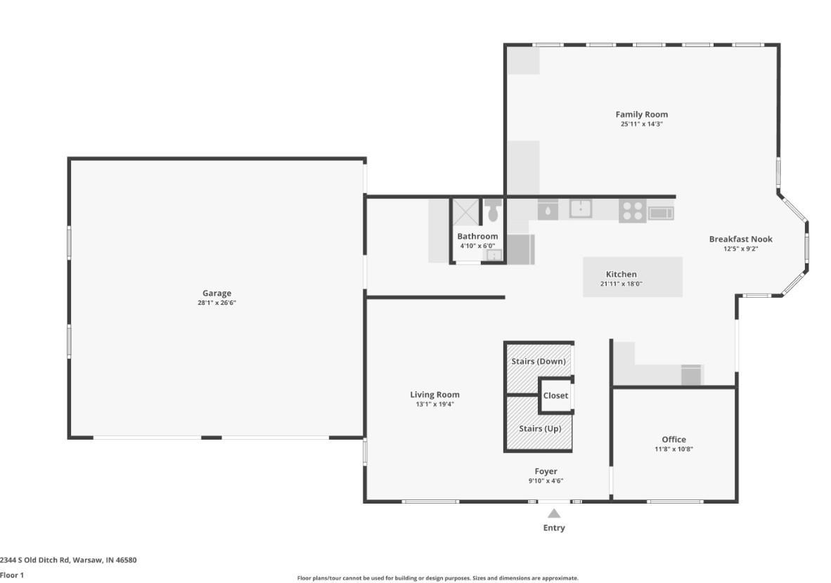 First-floor plan showing room layout and dimensions, including a large garage, kitchen, family room, and office.