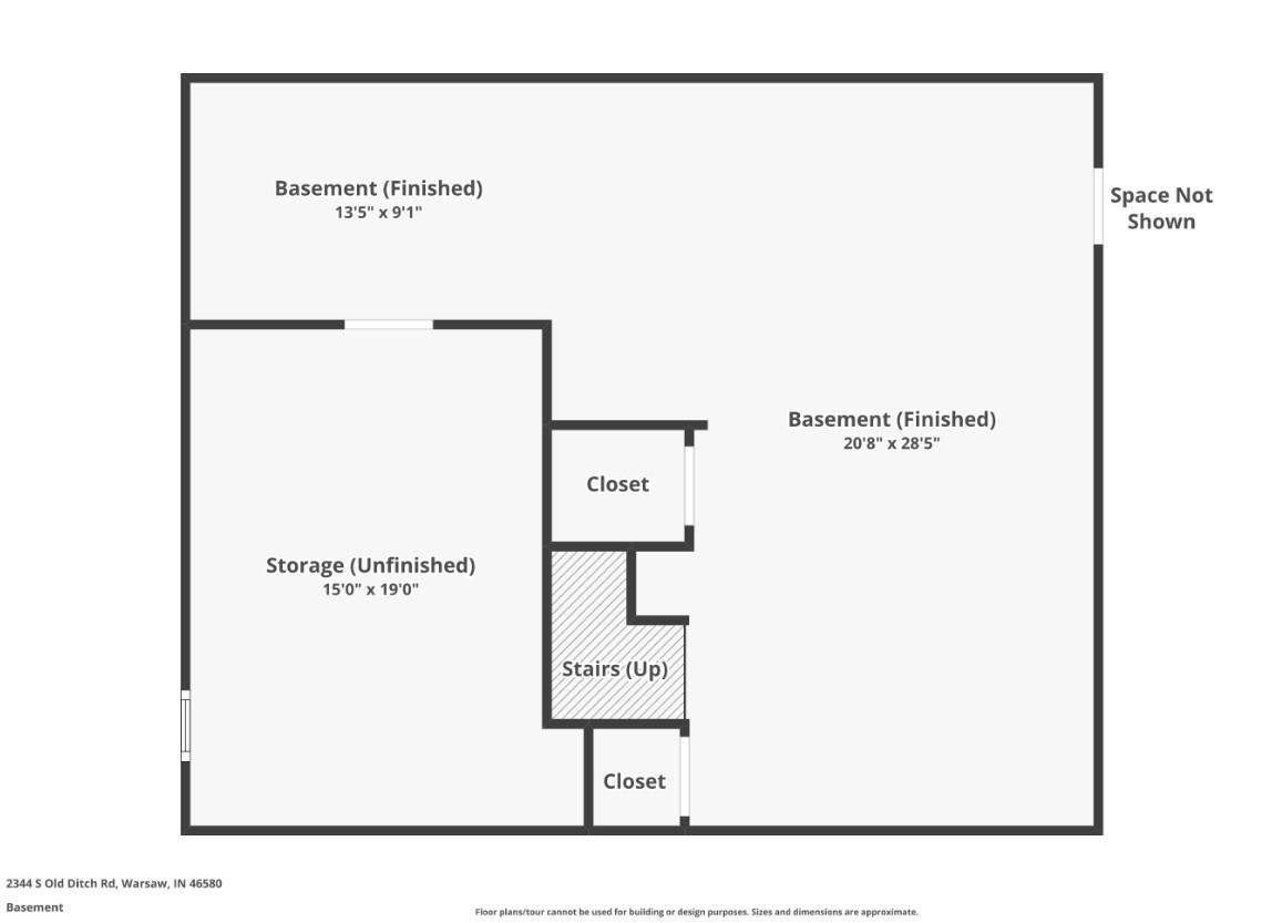 Basement floor plan showing finished areas, unfinished storage, stairs, and closets.