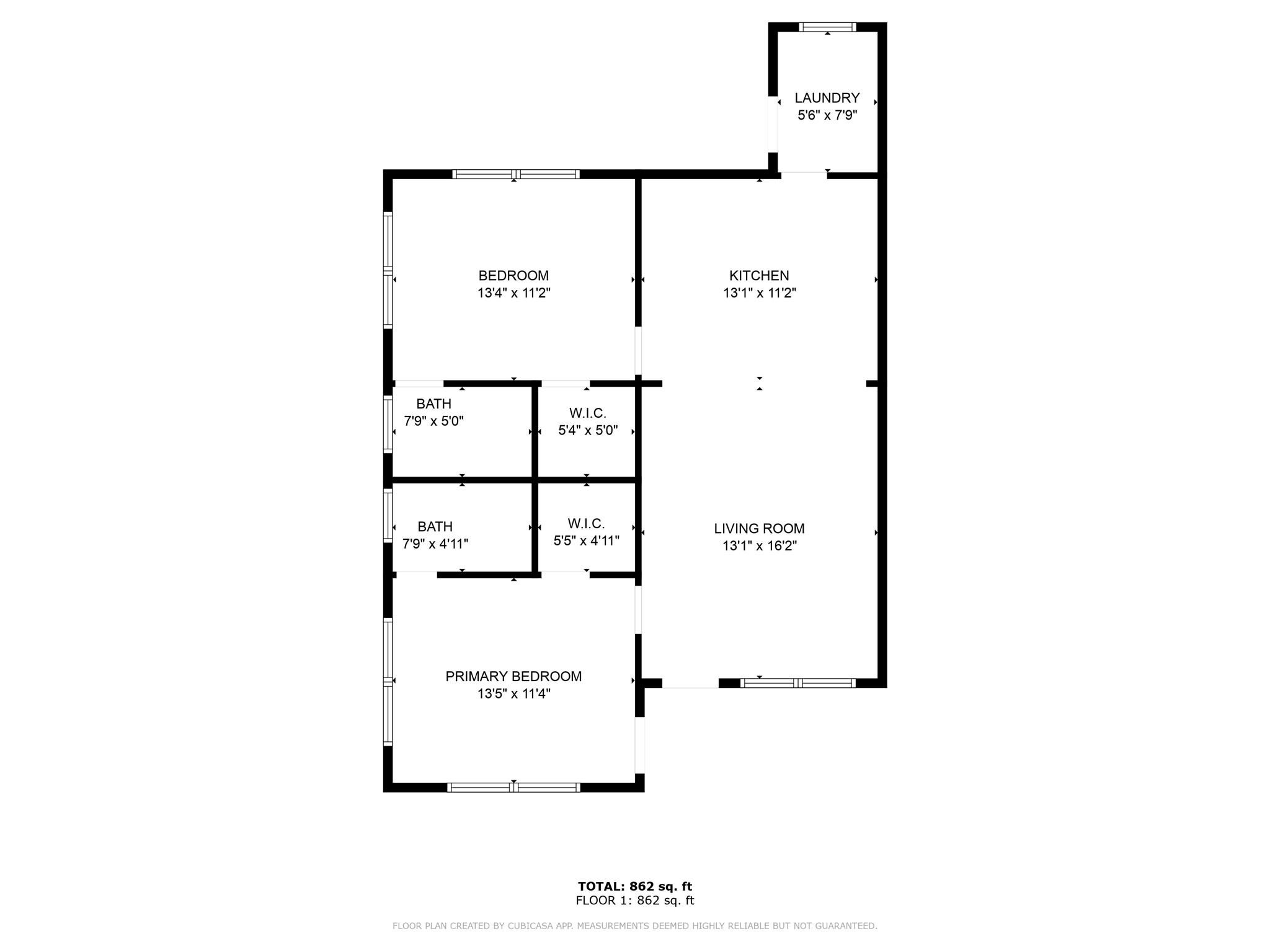 862-square-foot floor plan with two bedrooms, two bathrooms, kitchen, living room, and laundry room.