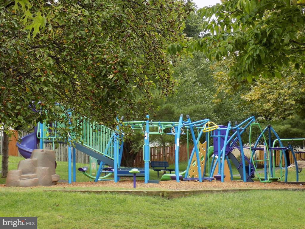 Outdoor playground with colorful climbing equipment and slides beneath leafy trees.