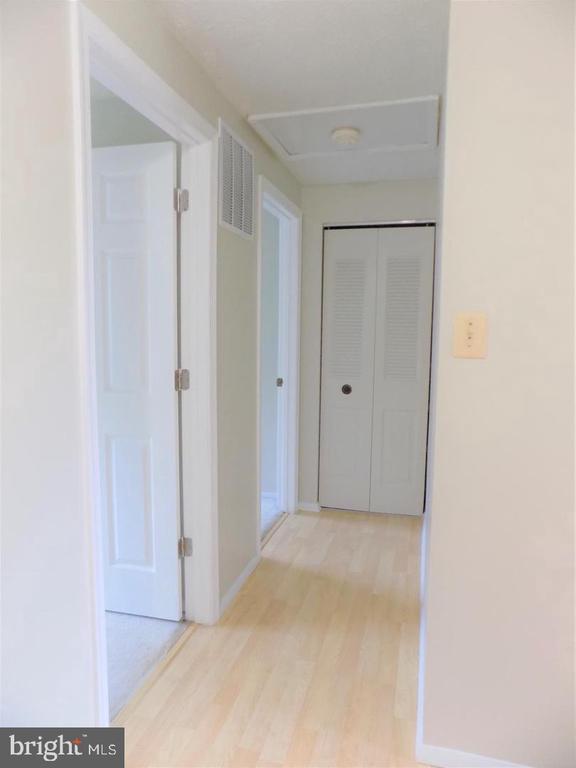 Unfurnished hallway with light wood flooring and louvered closet doors at the end.