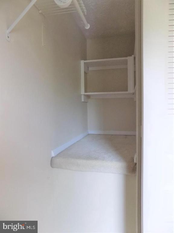 Empty closet with a white wire shelf and rod, carpeted raised shelf, and built-in cubby.