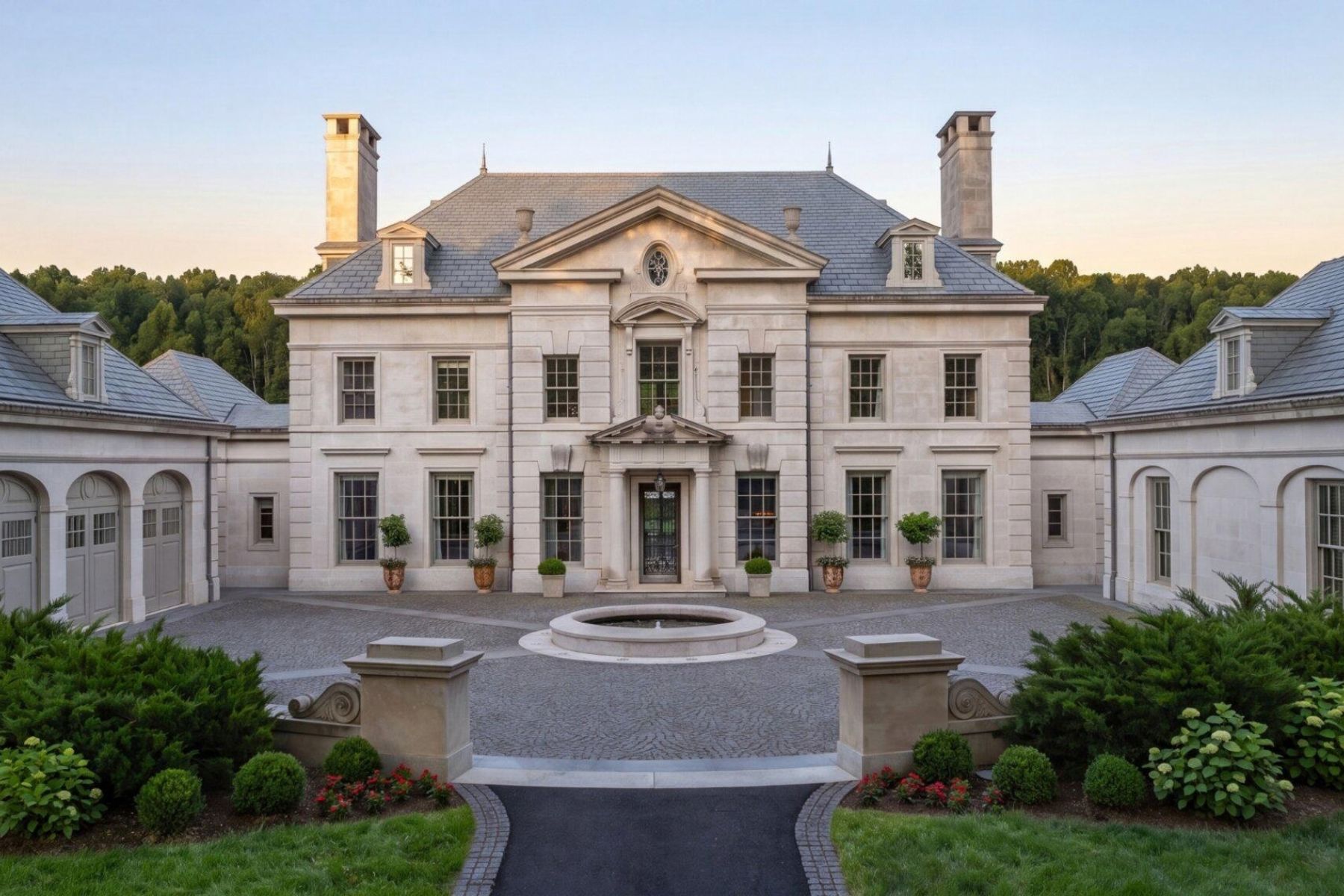 Pale-stone mansion with a slate roof, formal courtyard, and circular fountain.