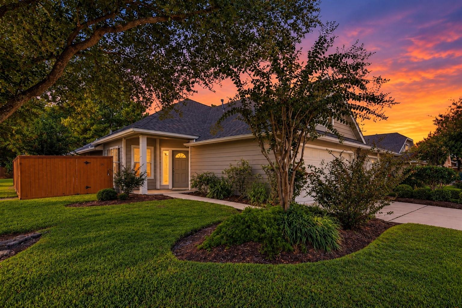 Single-story home at sunset with a landscaped lawn and wooden side fence.