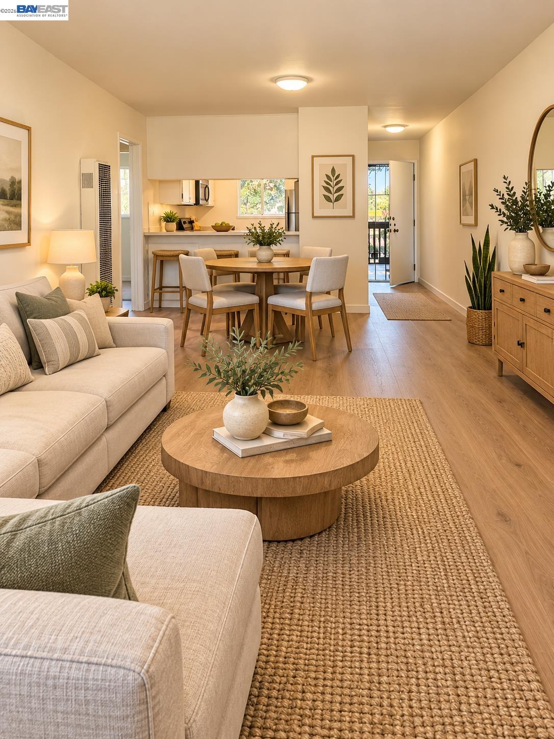 Staged open-plan living and dining room with a cream sectional, round coffee table, and woven rug.