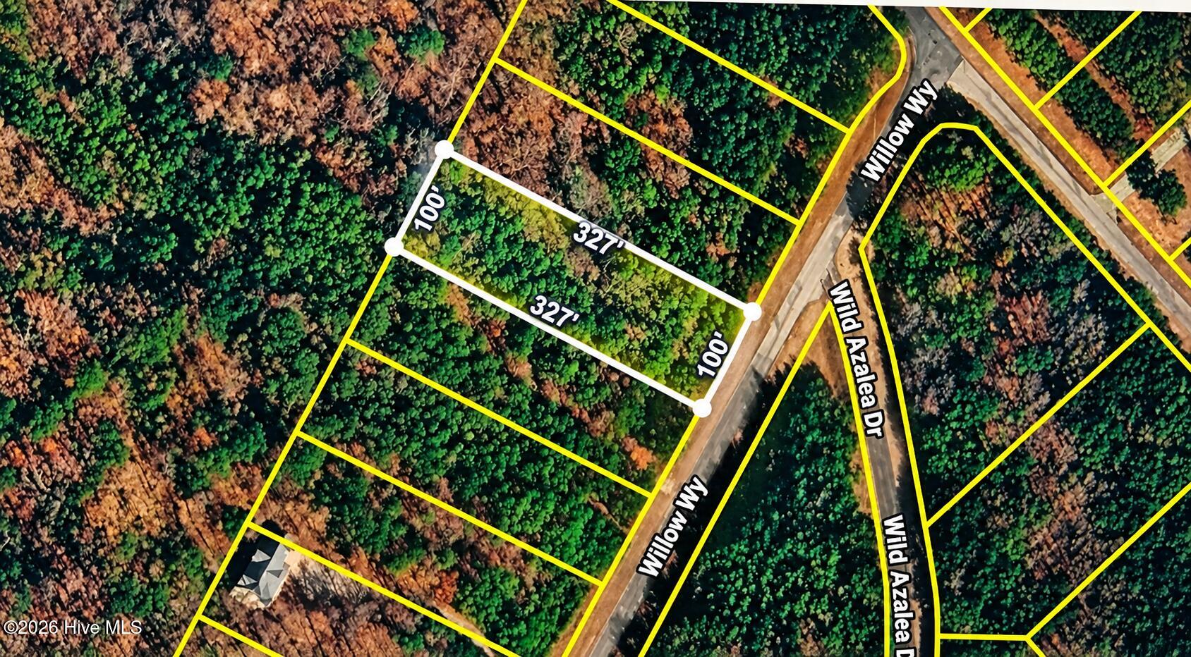 Aerial parcel map showing a wooded 100-by-327-foot lot along Willow Way.