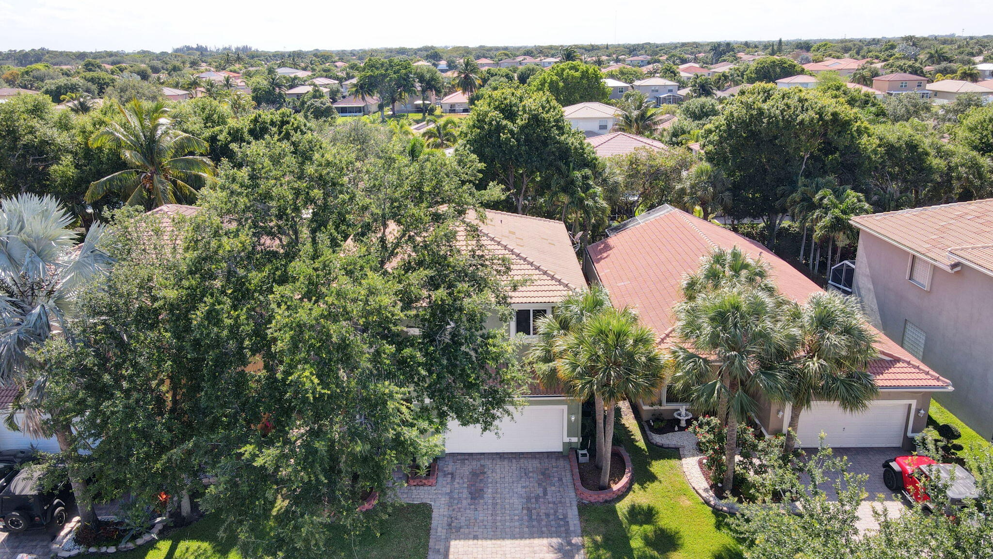 Aerial view of tile-roofed homes and palm trees in a leafy neighborhood.