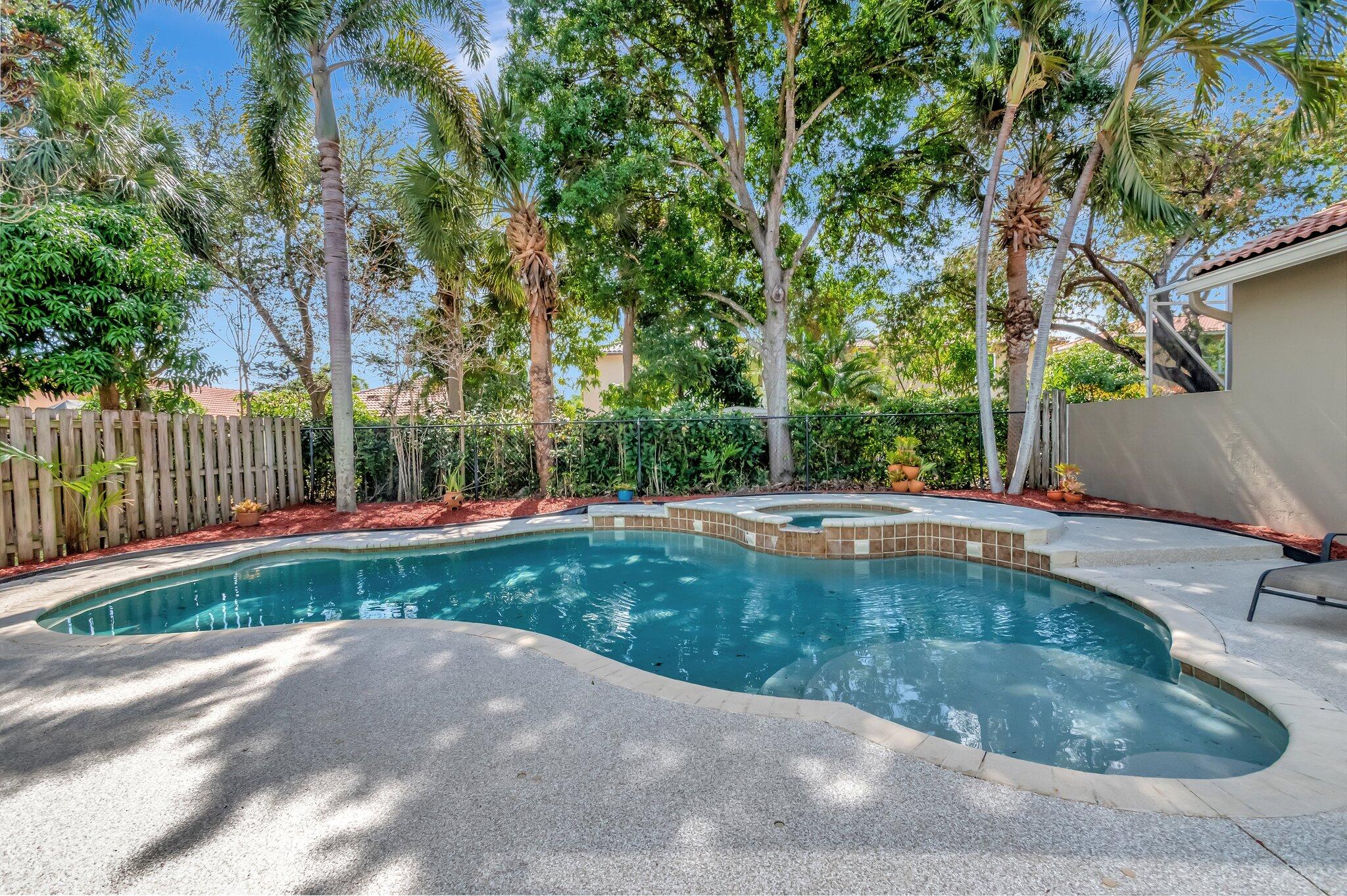 Backyard pool with raised spa, surrounded by palms and a concrete deck.