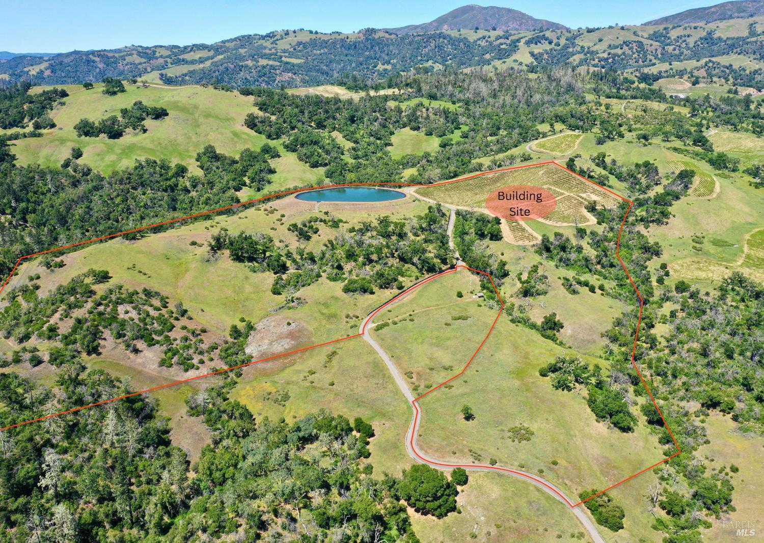 Aerial view of outlined rural acreage with a pond, vineyard, and labeled building site amid rolling hills.