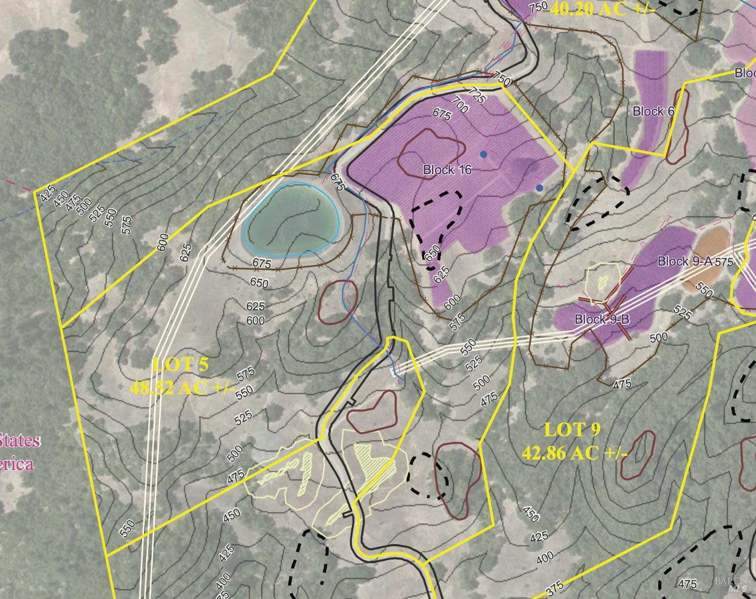 Parcel map showing outlined lots, acreage labels, shaded blocks, and elevation contours.