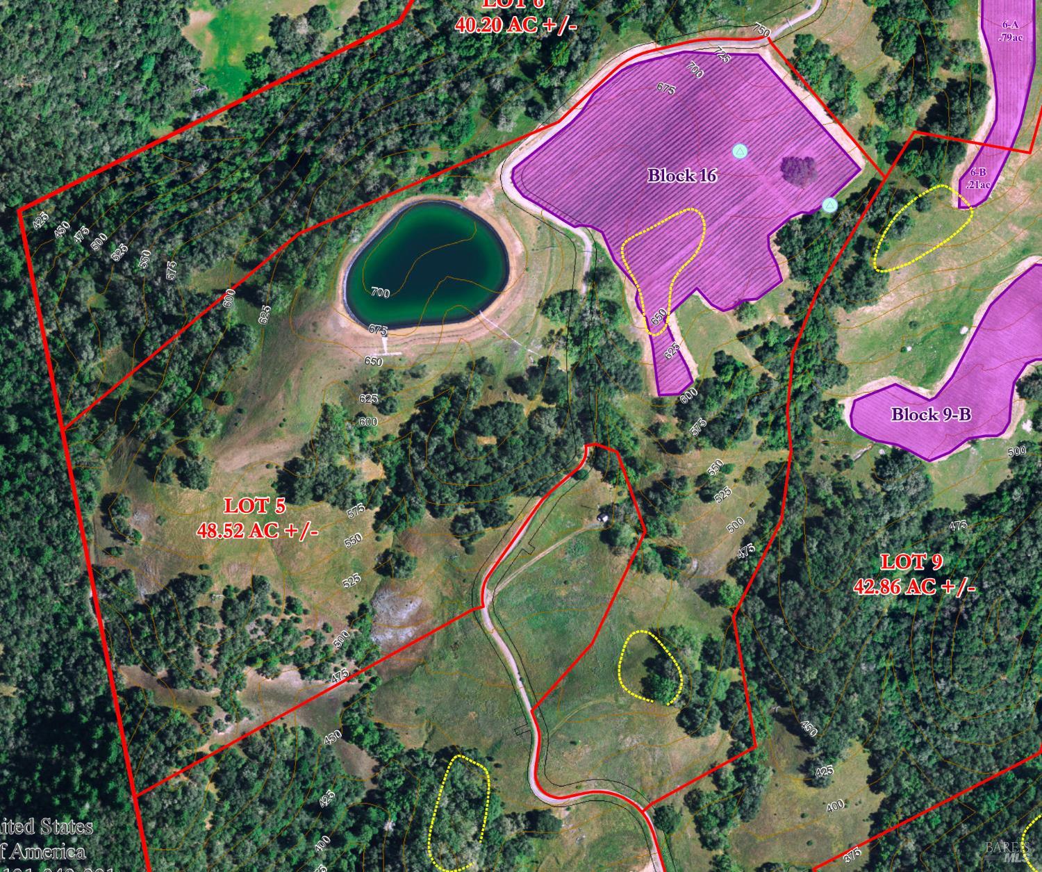 Aerial parcel map showing Lot 5, Lot 6, Lot 9, boundaries, a pond, and shaded blocks.
