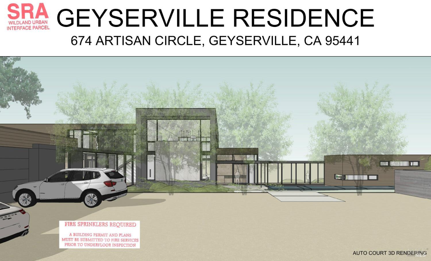 Architectural rendering of a modern Geyserville residence with a tall glass façade and long reflecting pool.