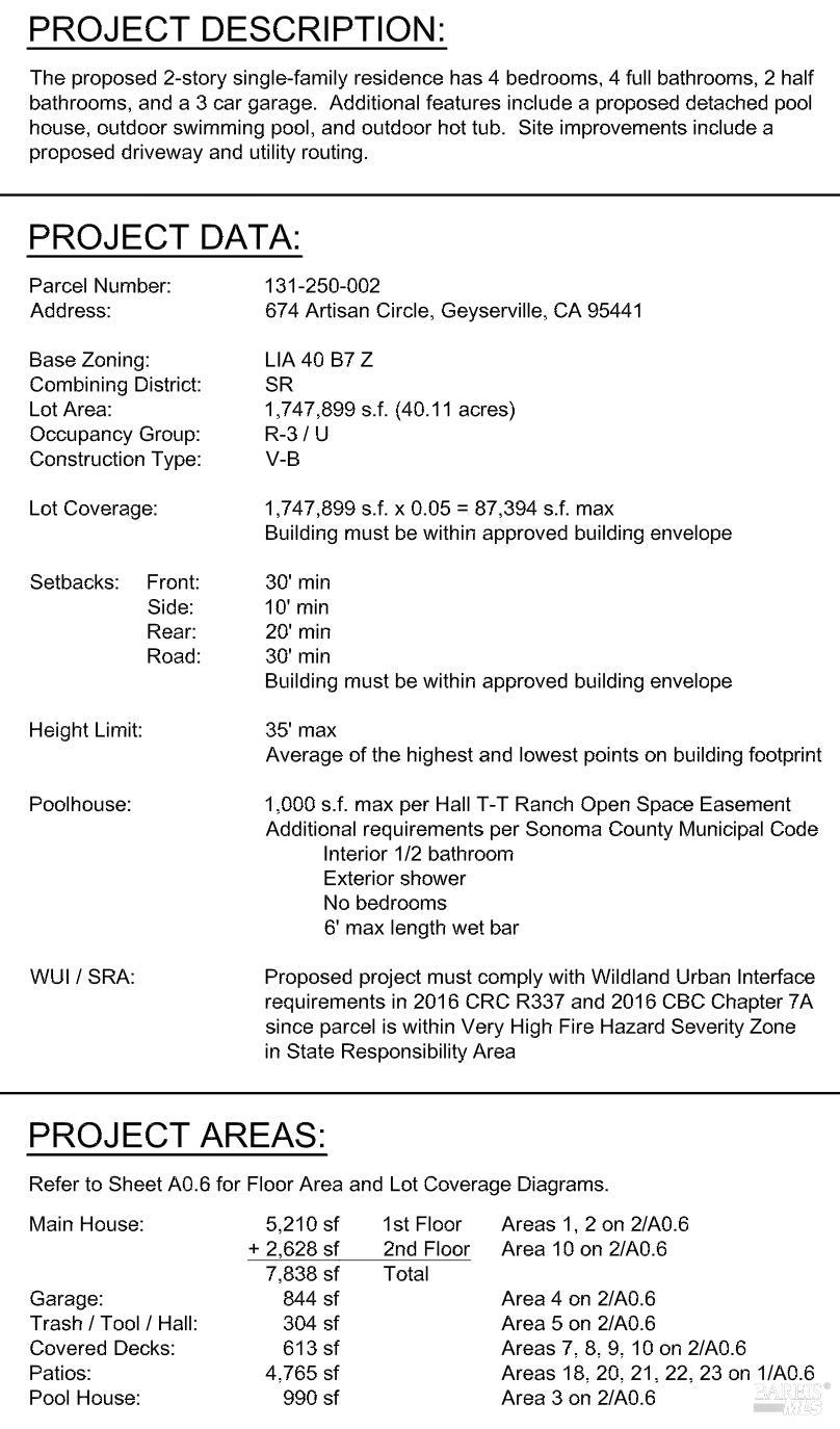 Project specifications sheet for a proposed Geyserville home, with zoning data, building requirements, and area figures.