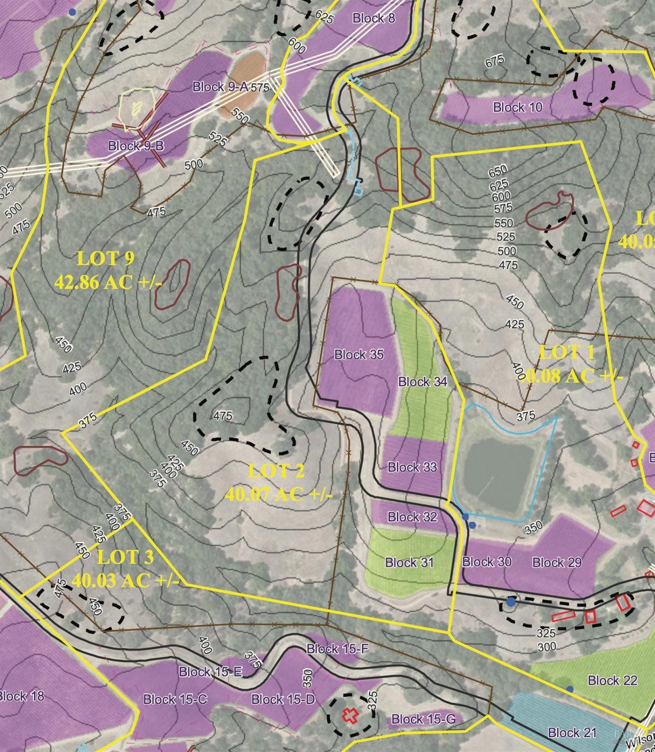 Topographic parcel map with lot boundaries, elevation contours, and labeled vineyard blocks.
