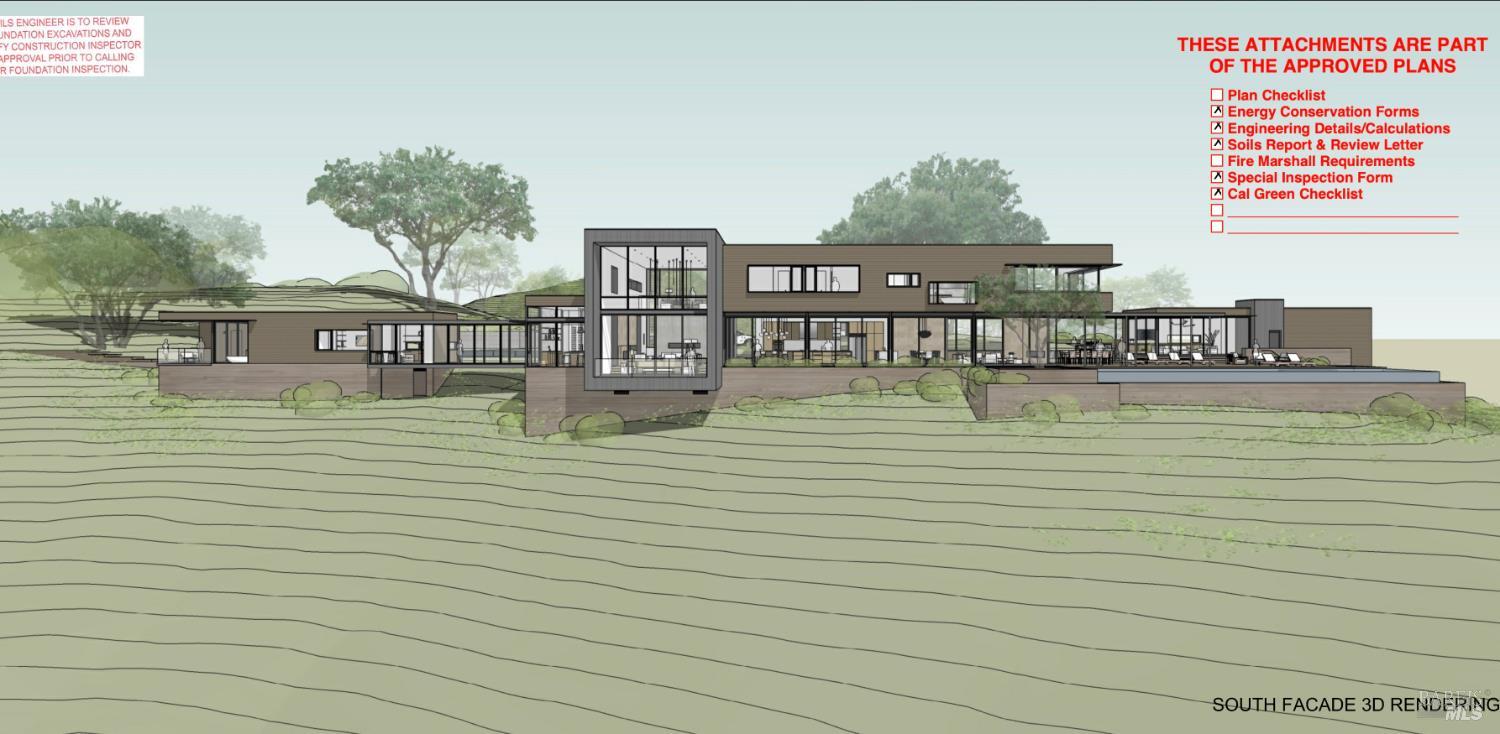 Architectural rendering of a modern hillside home with expansive glazing and a long pool.