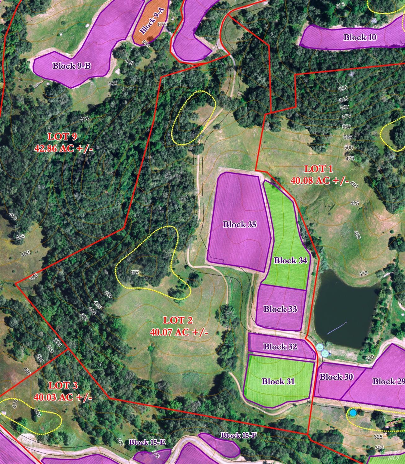 Aerial parcel map marking lots 1, 2, 3, and 9 with acreage and colored block boundaries.