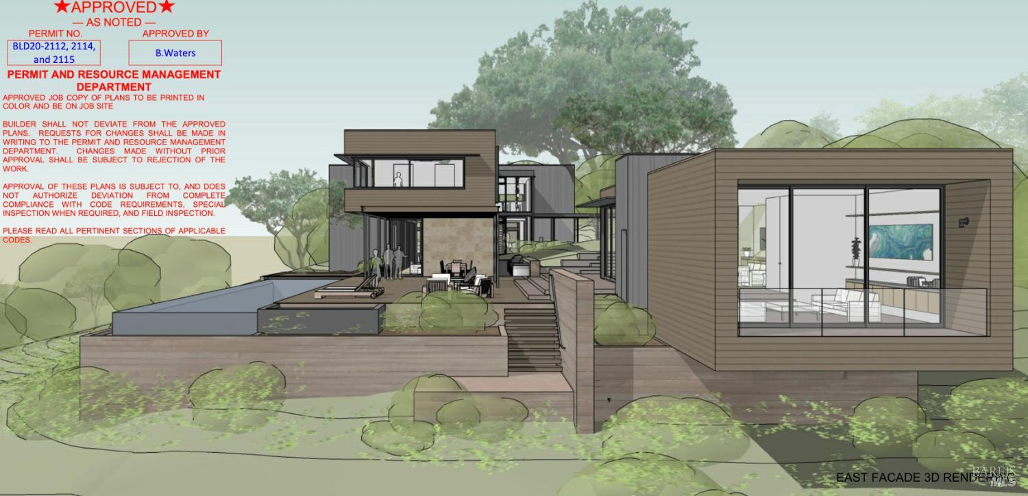 Architectural rendering of a modern hillside home with a pool, terraces, and broad glass windows.